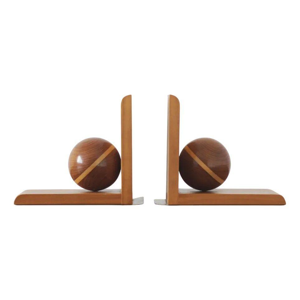Turned Walnut & Brass Orbital Bookends